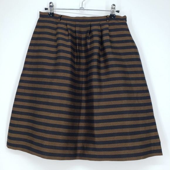 Madewell Striped Skirt 0 A Line Pleated Knee Length Linen Silk Brown Black 08334 - Picture 2 of 9